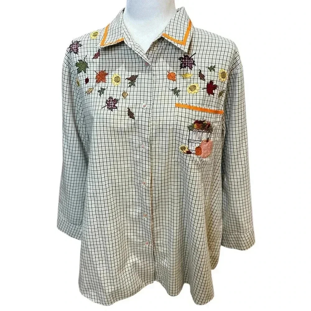 Karen Scott Long Sleeve Gingham Button Up Fall Festive Size XL - Picture 8 of 8